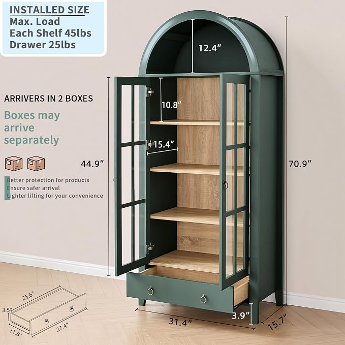 RowyPoey 71" Tall Arched Cabinet Bookshelf with Glass Door & Storage Drawer | Modern Farmhouse Display Cabinet,Adjustable Shelves,Wood Kitchen Pantry for Dining Room,Living Room,Office,Green