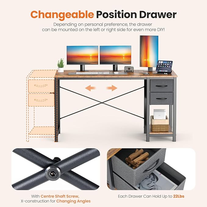 Sweetcrispy 40-Inch Computer Desk with Drawers, Office Desk, Brown | Small Desk for Bedroom Home Office with Side Hook, Modern Simple Desk with Storage for Writing