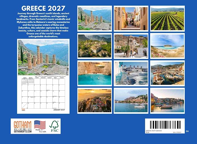 Greece Calendar 2027 Greek Calender Monthly Wall 12 Month | American Made In The USA