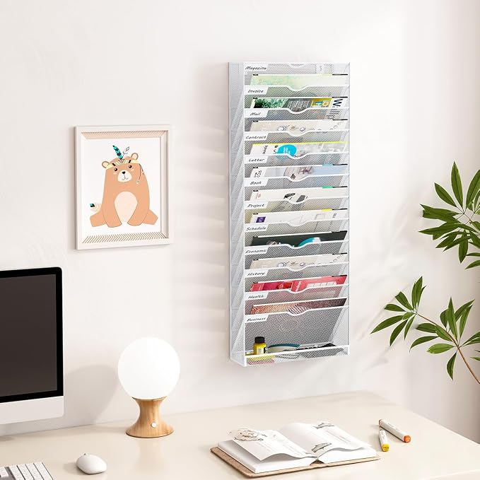 Hanging Wall File Organizer,13-Tier Desk File Mail Holder, Paper Bill Organization For Office Home School, White