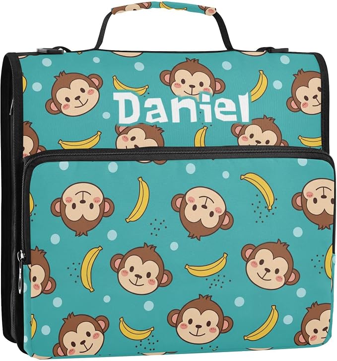 Custom Cartoon Animals Teal Print 3 Ring Zipper Binder with Shoulder Strap & Handle 1.5 Inch D-Ring Zippered Bag with Multiple Pocket, Personalized Binder Organizer for School or Office