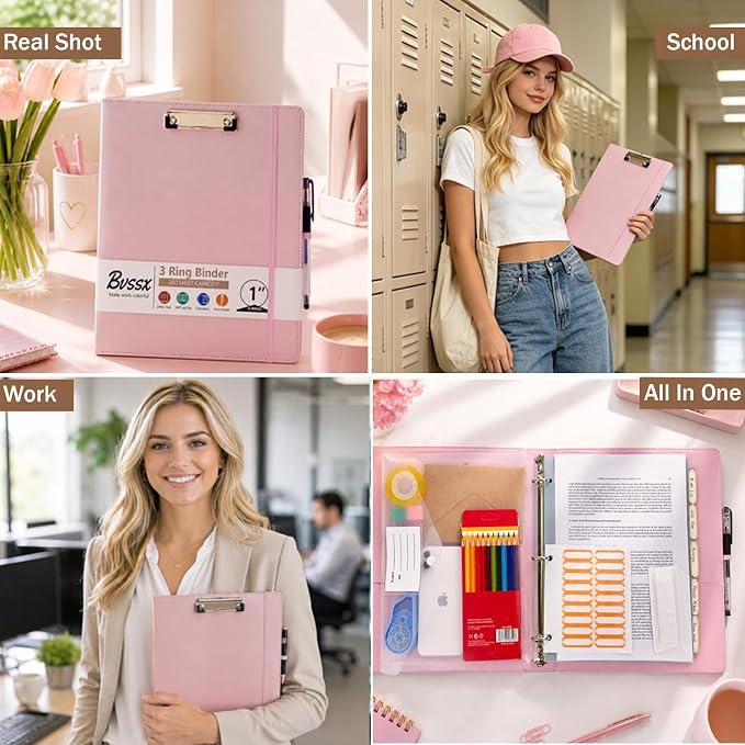 3 Ring Binder, 1 Inch Leather Binders with Clipboards, 5-Tabs Pockets Dividers, 18 Divider Stikers, Plastic Folder, Pen Holder, Three Ring Binder with Pen Holder(Pink, Letter Size)