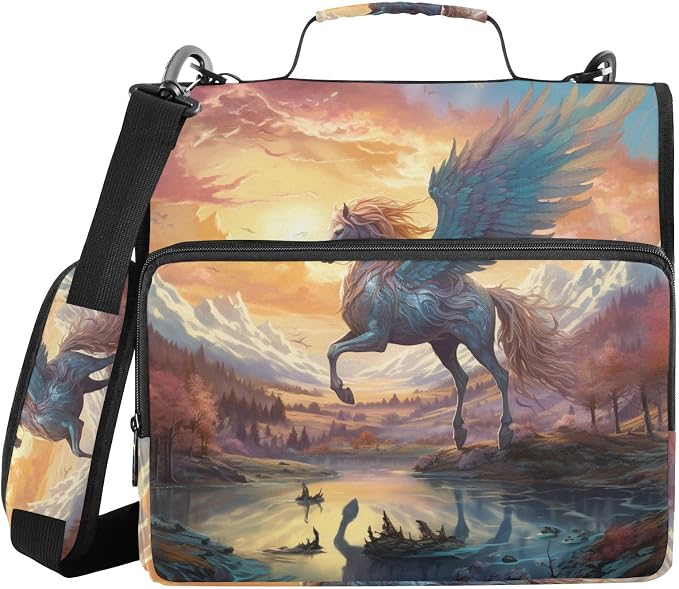 ALAZA Fantasy Landscape with Winged Horse in The Sky Zipper Binder 1.5 inch 3 Ring Binder Organizer with Shoulder Strap and Handle for Home Office Work
