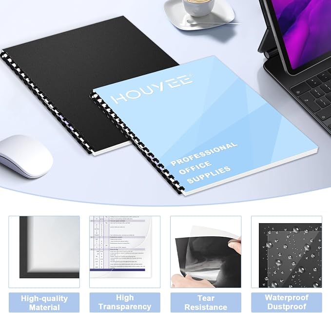 HOUYEE 100 Pack Binding Covers and Backs Set, 8.5x11 Inches, Letter Size | Including 50Pcs 12 Mil Clear Binding Covers, 50Pcs 16 Mil Black Plastic Sand Texture Back Polycovers, Office School Supplies
