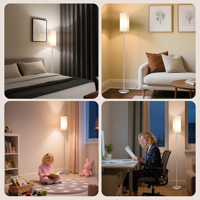 2Pack Floor Lamp, Pole with Foot Switch, Modern Standing Lamp Lamp, Minimalist Freestanding Lamp (Bulb Not Included), for Living Room, Bedroom Office ETL Listed, Silver and Beige SE07LDP205