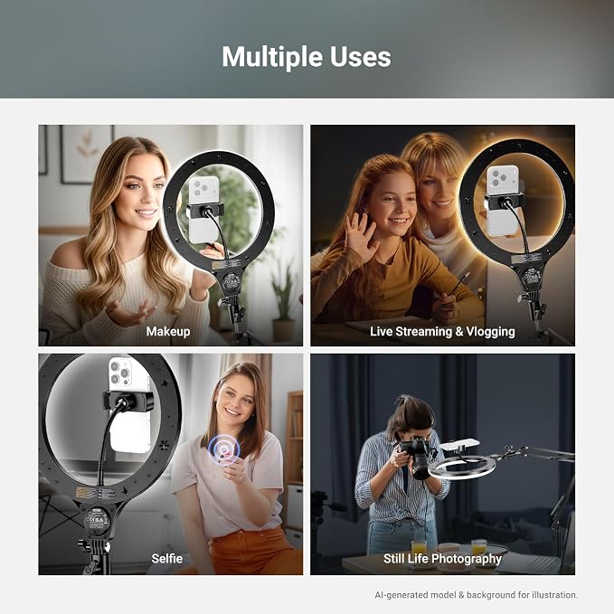 NEEWER Entry Level Version 10.5" 10W Ring Light with 46"-63" Stand, Overhead Phone Holder Mount Compatible with iPhone, Bi Color LED Selfie Lighting CRI85+ for TikTok Video Recording Streaming, N44