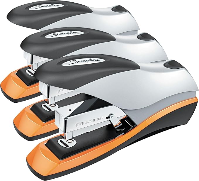 Swingline Stapler, 70 Sheet Capacity, Optima 70, Jam Free, Reduced Effort, Soft Grip, Metal, Silver/Black/Orange (87875), Full Strip 3/8" Staples (Pack of 3)