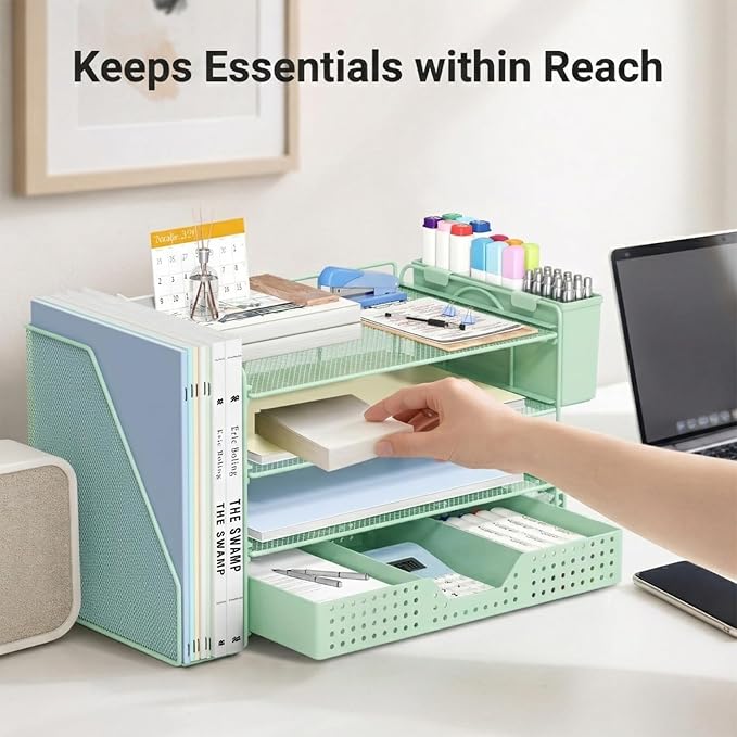 ECOLOVI Desk Organizer, 4-Tier Paper Organizer Letter Tray with File Holder, Drawer and 2 Pen Holders, Desktop File Organizer for Office Supplies, Workspace Storage, Green