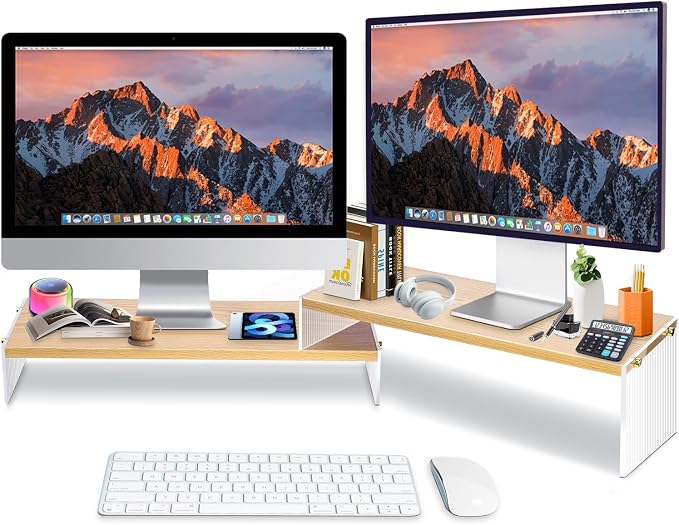 YGYQZ Adjustable Monitor Stand Riser, 7.67"×19.3" Dual Monitor Desk Stand | Adjustable Monitor Riser, Expandable Desk Organizer, 2-Tier Storage, Acrylic Legs, Ergonomic Workspace, Wood Wavy