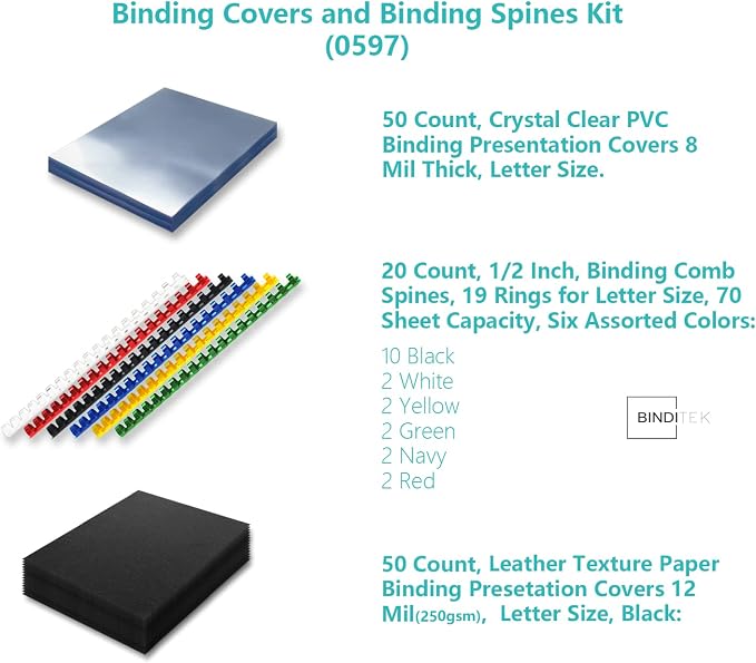 Binditek Binding Covers and Combs Kit, Letter Size, 120 Pack | Binding Covers and Comb Spines Set: 50 8Mil Clear PVC Covers, 50 Black Paper Covers and 20 1/2 in Combs for Reports