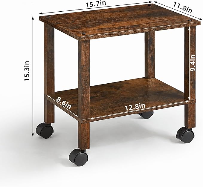 YUFAM 2 Tier Under Desk Printer Stand with Storage, Brown | Wooden Small Printer Table for Home Office, Rolling Printer Cart Shelf with Lockable Wheels
