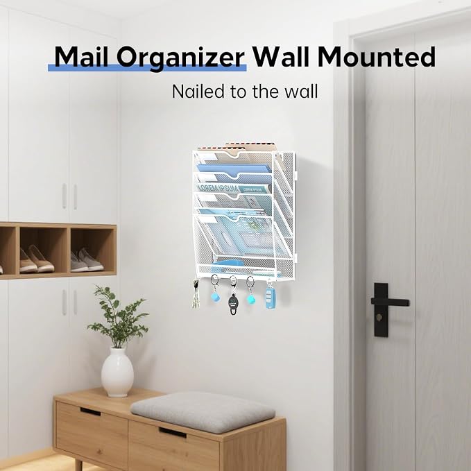 5-Tier Wall File Organizer and Mail Organizer with 5 Hooks, White | Label slots, curved openings, 5 key hooks, and a bottom tray support organized mail, file, and everyday item storage.