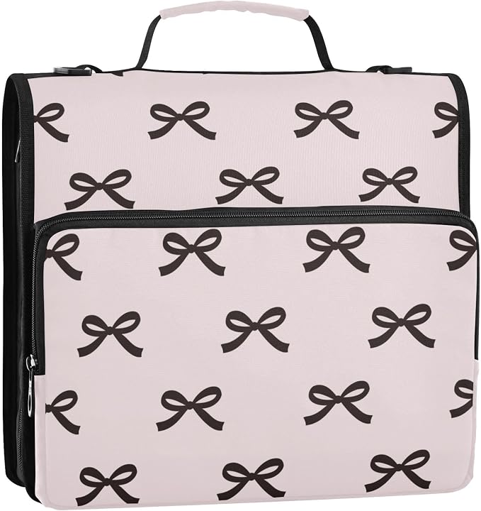 Beauty Black Bow Pink Zipper Binder with Shoulder Strap Trapper Keeper 3 Ring Binder Organizer Large Capacity Multiple Compartments for School Office