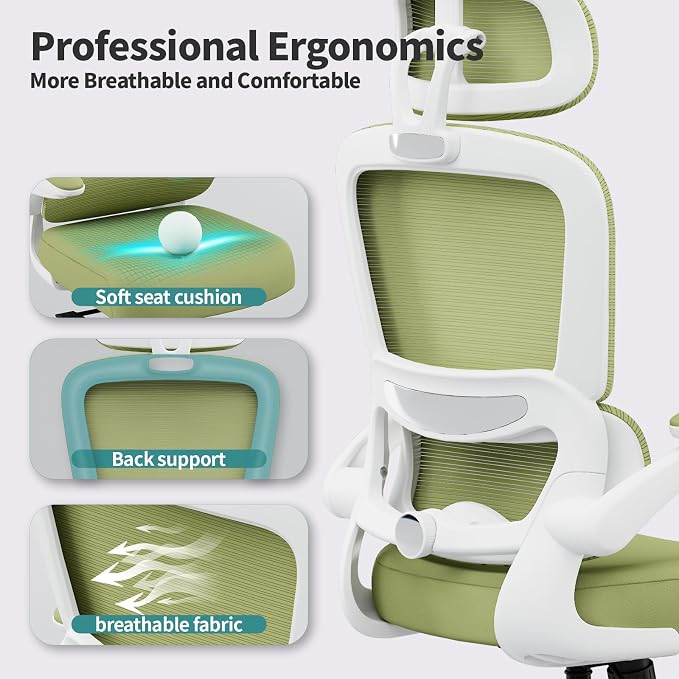 TRALT Office Chair Ergonomic Desk Chair - Gaming Chair with Lumbar Support | 330 LBS Home Office Desk Chairs with Headrest, Reading Chair with Flip-up Armrests, Comfortable Computer Chairs (1, Green)