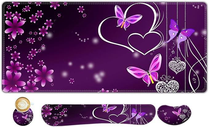Large Gaming Mouse Pad, Keyboard Wrist Rest Pad & Wrist Support Mousepad Set, Stitched Edge, Extended, Non-Slip Base, Memory Foam Desk Mat for Office, Home, Purple Heart Butterfly