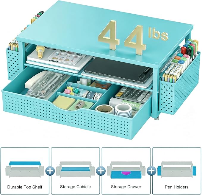 Spacrea Desk Organizer and Accessories, Computer Monitor Stand Riser with Drawer and 2 Pen Holders, Office Desk Accessories & Workspace Organizers for Office Supplies (Blue)
