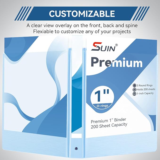 SUIN 1-inch 3 Ring Binder with 2 Interior Pockets, 1''Durable Binders Holds US Letter Size 8.5'' x 11'' Paper - Versatile Binders for Office, Home, and School Use, 6 Pack Brush Finish