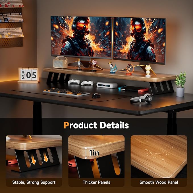 Dual Monitor Stand Riser, 39 Inch Large Wood Monitor Stands for 2 Monitors | Desk Monitor Riser for Computer/Laptop/Printer/TV, Stand Riser up to 220 lbs