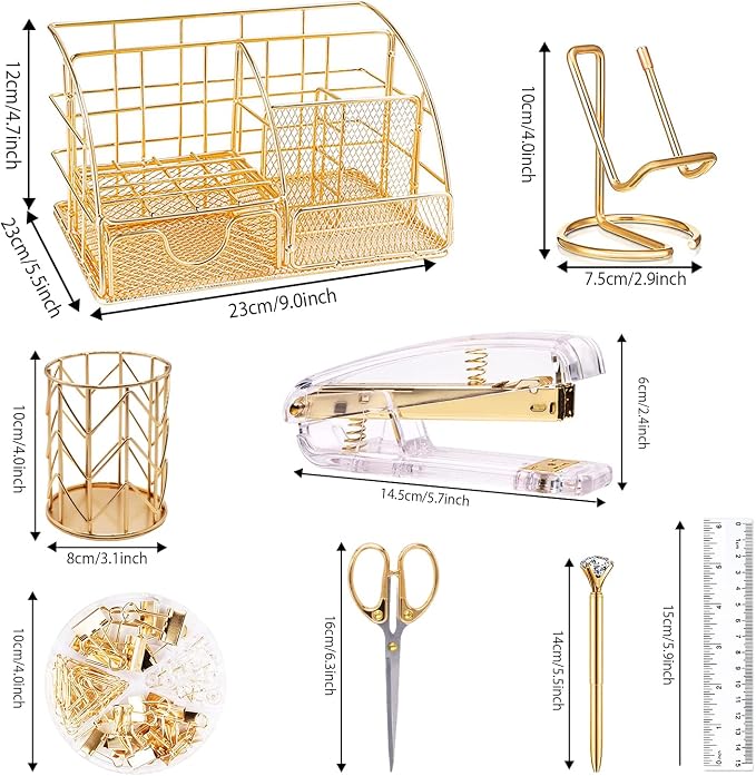 KAAKOW Gold Desk Organizers and Accessories Office Supplies Set Stapler, Pen Holder, Phone Holder, Scissors, Pen, Ruler, 30 Paper Clips, 22 Binder Clip, 20 Tacks and 1000pcs Staples (Gold)