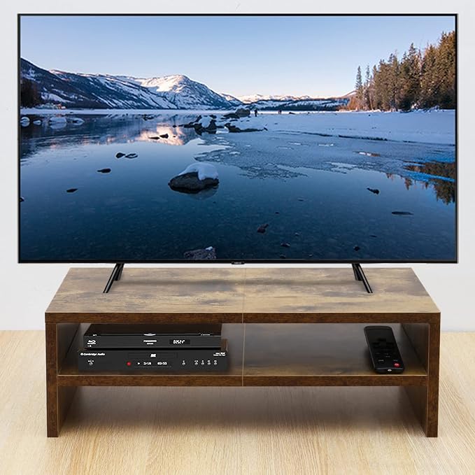 TEAMIX 20 inch Monitor Riser Stand - 2 Tiers, Wood Rustic Desktop Bookshelf | Laptop/PC/Printer/Keyboard Storage, Ergonomic Design, 15mm thick Sturdy Wood Boards, TV Stand, Home Office Desk Accessories