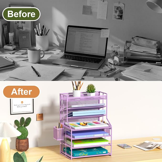 Purple 7 Tier Desk File Organizer, Metal Letter Tray Paper Organizer with Pull-Out Drawer, Removable Pen Holder & Hanging Basket, Vertical Desktop File Holder for Home Office, Classroom