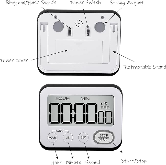 Digital Kitchen Timer Magnetic Loud Alarm, Large LCD Screen Silent/Beeping Multi-Function for Teachers Classroom Kids, Black