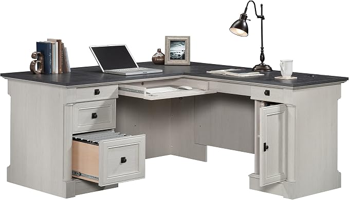 Sauder Palladia L Shaped Desk with Drawers, Office Desk with File Cabinet Storage, Cable Management, Keyboard Tray, in Glacier Oak Finish