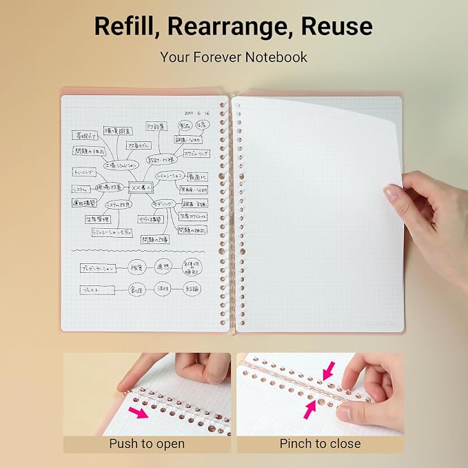 KOKUYO Smart Ring Binder Notebooks, Pink B5 Refillable Notebook, 20 Sheets Each, Plus Extra 50 Sheets 5x5 Graph Loose Leaf Papers, 60 Sheet Capacity, Perfect for School & Work