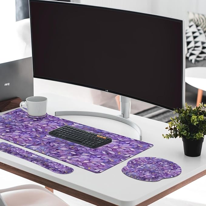 Keyboard Mouse Pad Set, 4 in 1 Desk Mat Set, Purple Leaves Oil | Large Mousepad+Keyboard Wrist Rest+Mouse Wrist Rest+Coaster Ergonomic Design for Home Office Computer
