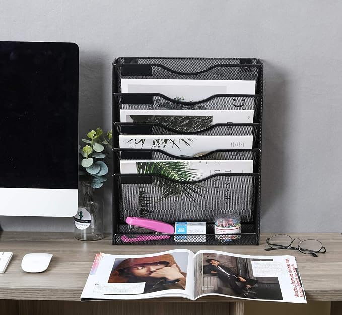 EasyPAG 5 Tier Wall File Holder Mesh Hanging Folder Organizer with Classify Label, Versatile Desk File Holder, Vertical Wall Mounted Mail Organizer for Office Home Cubicle, Black, Closed Sides