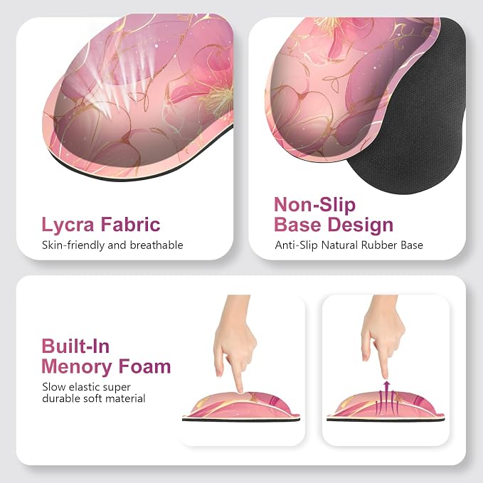 Desk Mat Pad, Gaming Mouse Pad Wrist Support Set, 4 in1 Non-Slip Large Mousepad + Ergonomic Keyboard Wrist Rest+Mouse Wrist Rest+Coaster for Home Office Computer I Pink Purple Gold Floral