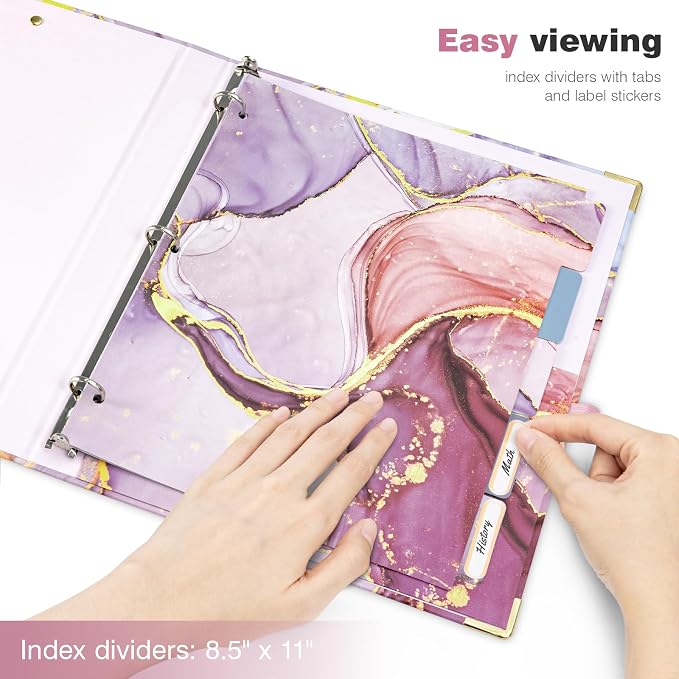 Ospelelf 3 Ring Binder, 1/2 Inch, Pink Marble, Letter Size (11" x 8.5"), 5 Tab Dividers, File Folder Labels, Low Profile Clipboards