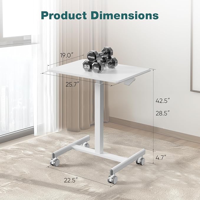 DUMOS Mobile Rolling Desk with Wheels Adjustable Height | Small Standing Desks Portable Laptop PC Table, Computer Workstation for Home Office Small Space, White