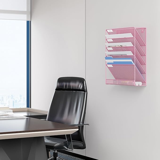 EasyPAG 5 Tier Wall File Holder, Mesh Hanging Folder Organizer with Classify Label, Versatile Desk File Holder, Vertical Wall Mounted Mail Organizer for Office Home Cubicle, Pink