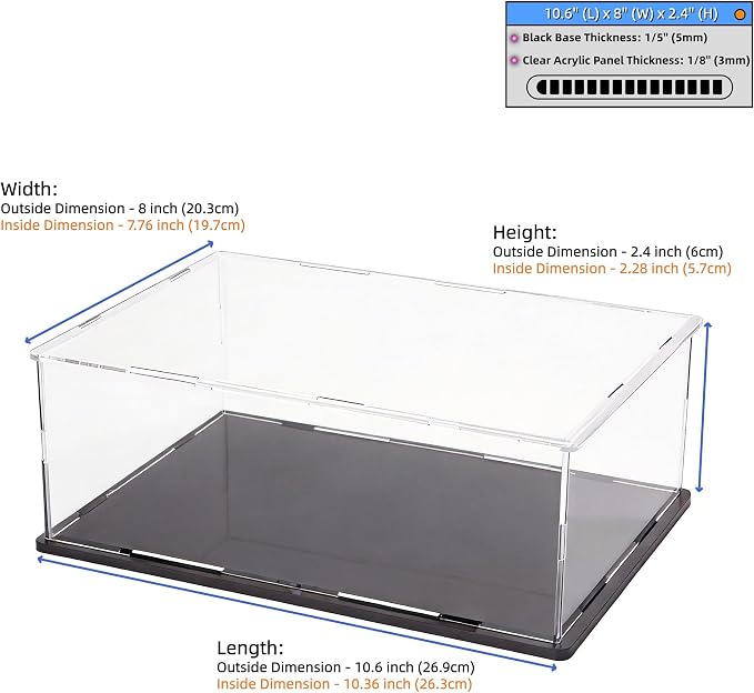Acrylic Display Case, Clear Acrylic Display Box with Matte Base, Dustproof Collectible Showcase for Books, Stamps, Medals, Maps, Albums and Jewelries, 10.6 x 8 x 2.4 inch