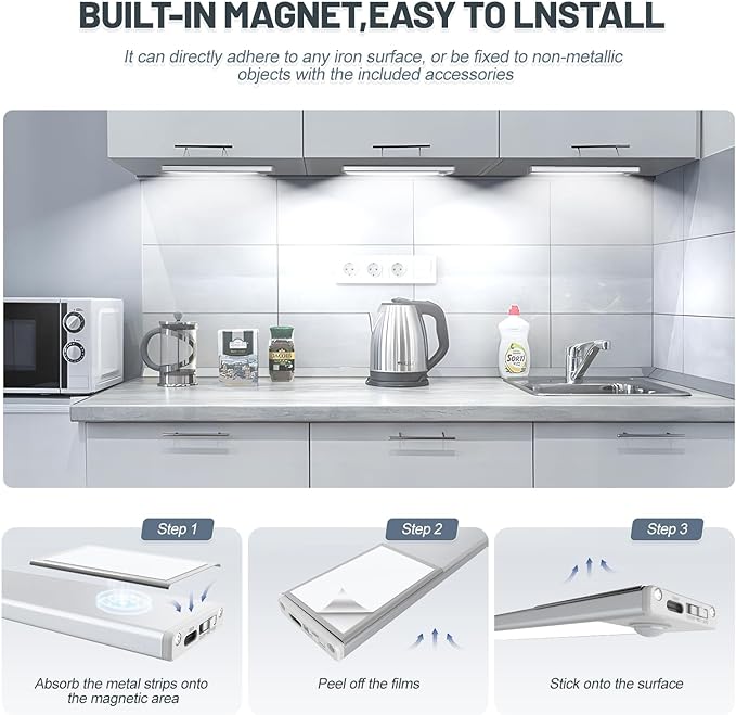 6 Pack Under Cabinet Lighting, 32 LED Motion Sensor Light Indoor Rechargeable Magnetic Closet Lights Battery Operated, Under Counter Lights for Kitchen, Wardrobe, Hallway, Stairs White Light