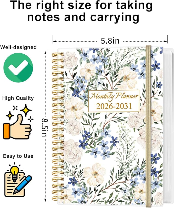 2026-2031 Monthly Planner - 60 Month PLanner Calendar from August 2026 to June 2031, 5 Year Planner 2026-2031 with Flexible Cover, Inner Pocket, Perfect for Home | School | Office, 5.8" x 8.5", Crushed Flower