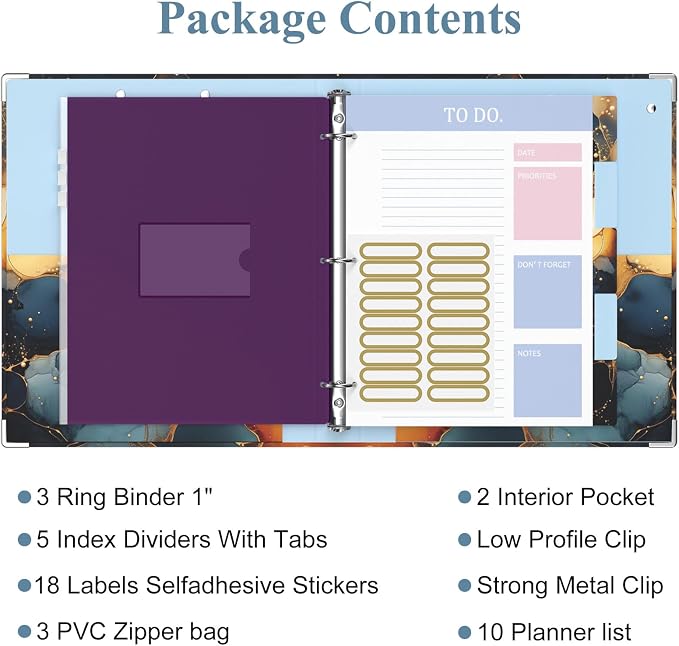 3 Ring Binder, 1 Inches Round Ring Binder with Clipboard, Dividers Tabs, PVC Zipper Bag Sleeves & to Do List Planners for Women, Men, School, Office Supplies, Abstraction