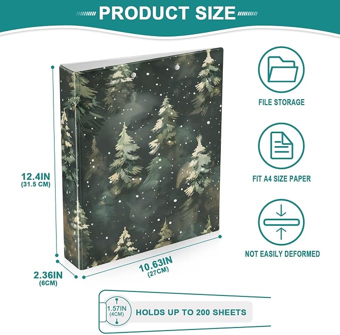 Winter Green Christmas Tree 3 Ring Binder with 2 Interior Pockets 1.5 inch Binders 3 Ring Heavy Duty Fit 8.5" x 11" Letter Size for Office School, 2 Pack