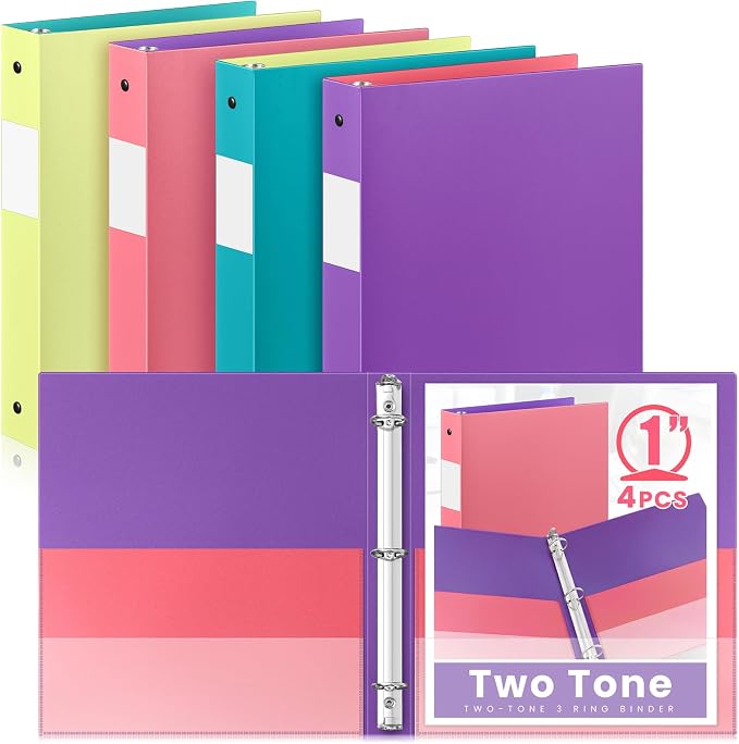 Henoyso 4 Pack Two-Tone Durable 3 Ring Binders 1 Inch, 4 Inner Pockets, Colored Plastic Flexible Binders with Large Capacity for School & Office