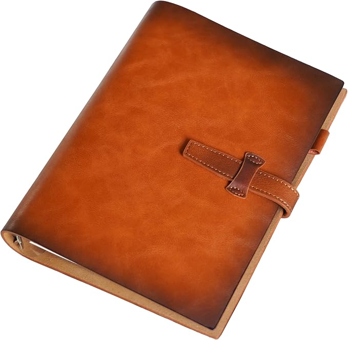 Refillable A5 Leather Binder Notebook, Reusable Leather Journal, Vintage Organizer with 6-Ring Binder, 120 Pages Lined Paper & Pocket, for Writers Business Work Study College and Daily, Light Brown