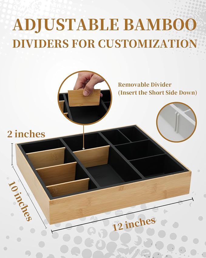 Office Drawer Organizer, Bamboo Desk Drawer Organizer with 4 Removable Dividers, Desk Organizers and Accessories with 10 Adjustable Compartments for Office Home Gray