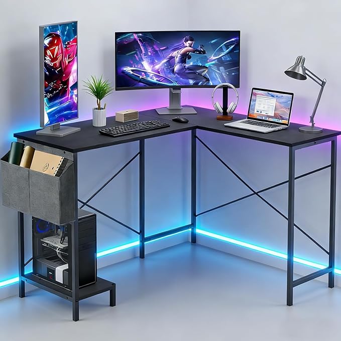 L Shaped Desk, 50 Inch Reversible Computer Desk Corner Gaming Table with CPU Stand & Storage Bag, Sturdy Metal Frame PC Workstation for Home Office, Black Wood | Storage Bag, Black Corner Gaming Table, Sturdy Metal Frame, PC Workstation for Home Office
