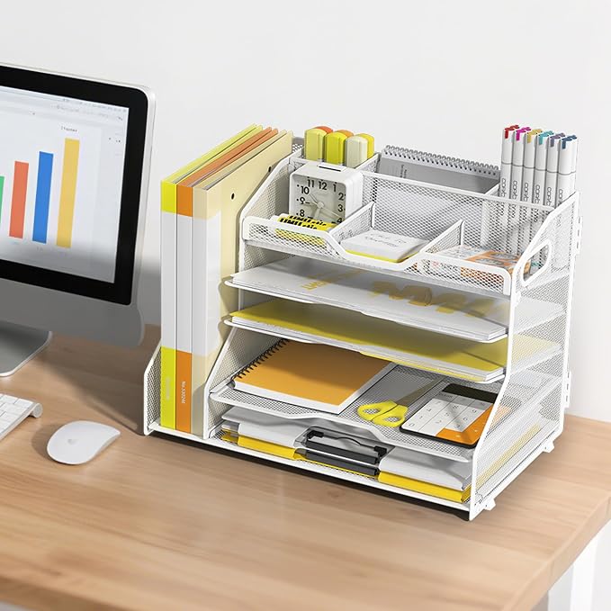YINGHUA 5-Tier Mesh Desk Organizer and File Holder, Letter Tray - White | Sturdy steel mesh with 3 sliding trays, 2 handles, 6 adjustable top sections. U-shaped design for easy access to office files