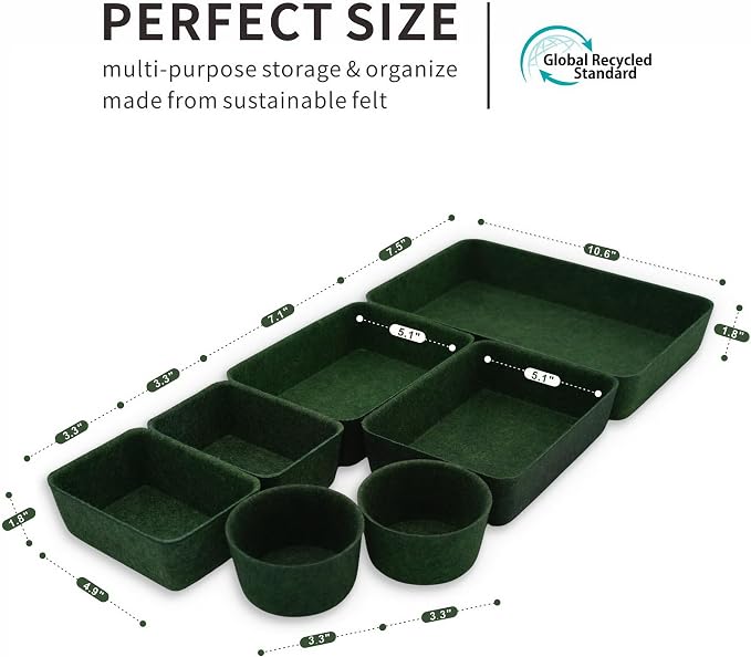 Felt Desk Drawer Organizer Tray 7pc Storage Bin Minimal Forest Green