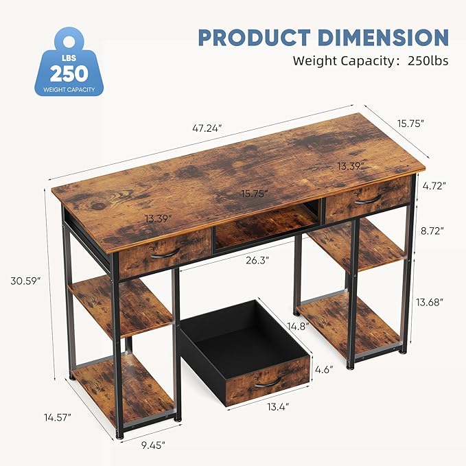 DUMOS 48-Inch Computer Desk with Drawers and Hook, Brown | Home Office Desk for Bedroom, Gaming Writing Study Desk with Adjustable Feet