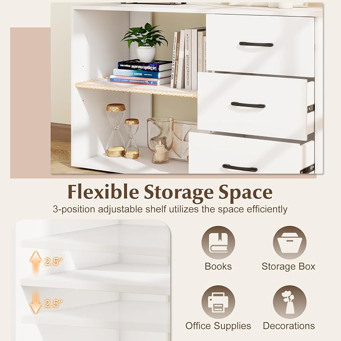 GIANTEX 55 Inch L-Shaped Desk with Charging Station, Reversible Computer Desk with 3 Drawers, Adjustable Shelf, Large Computer Workstation, Corner Desk for Small Spaces, Home Office (White)