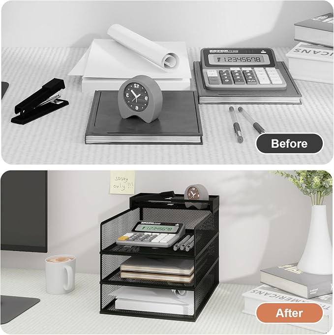 Natwind 3-Tier Stackable Metal Mesh Letter Paper Tray Organizer,Black | Desk Organizer For Paper,Document,Mail Tray For Office Supplies,File Holder For Home Office School Classroom Organization
