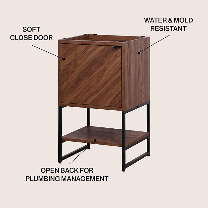 JONATHAN Y Juhl 20" Chevron Freestanding Bathroom Vanity Cabinet, Walnut | Modern Minimalist Design, 18" Deep 33" Tall, Soft-Close Door, Interior And Open Shelves, Sink Not Included