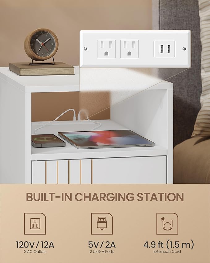 VASAGLE End Table with Charging Station, Narrow Side Table, Nightstand | Tapered Legs, Curved Transitions, for Small Spaces, Living Room, Bedroom, Cloud White, MAEZO Collection ULET329W101S